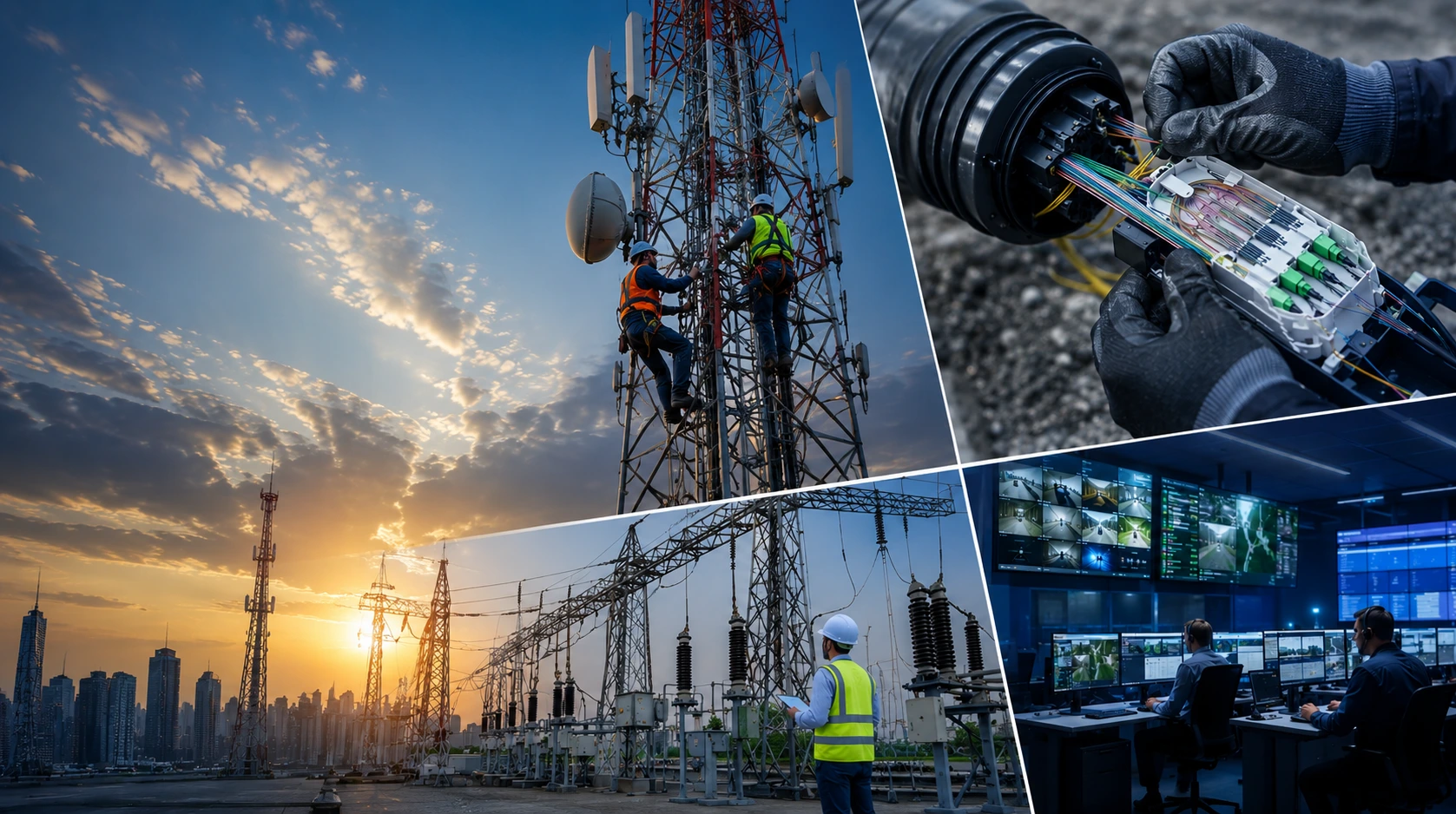 Telecom tower engineers, OFC fiber optic installation, electrical infrastructure project, and surveillance control room.