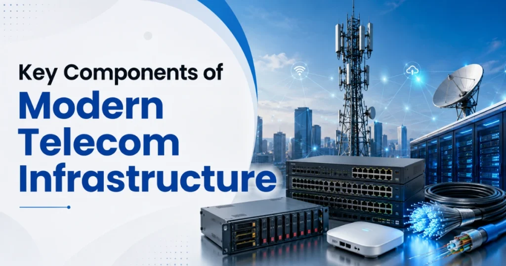 Modern telecom infrastructure showing fiber optic cables, 5G tower, routers, data center, and network equipment.