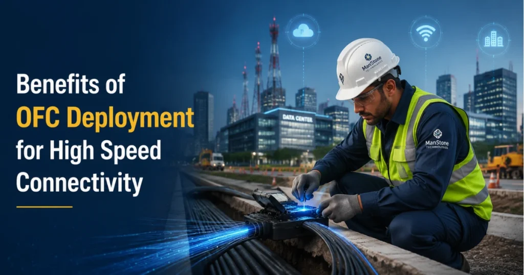 Technician installing Optical Fiber Cable (OFC) for high speed internet connectivity and enterprise fiber optic network infrastructure.