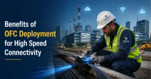 Technician installing Optical Fiber Cable (OFC) for high speed internet connectivity and enterprise fiber optic network infrastructure.