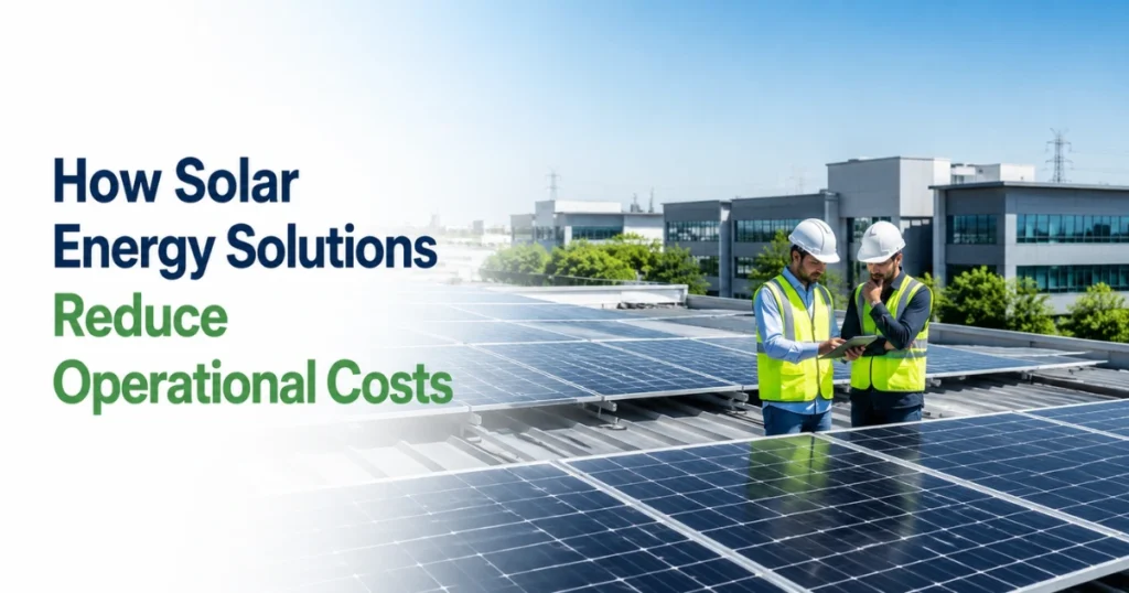 Commercial rooftop solar panels on a modern office building with engineers inspecting the solar installation to reduce operational costs.