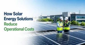 Commercial rooftop solar panels on a modern office building with engineers inspecting the solar installation to reduce operational costs.